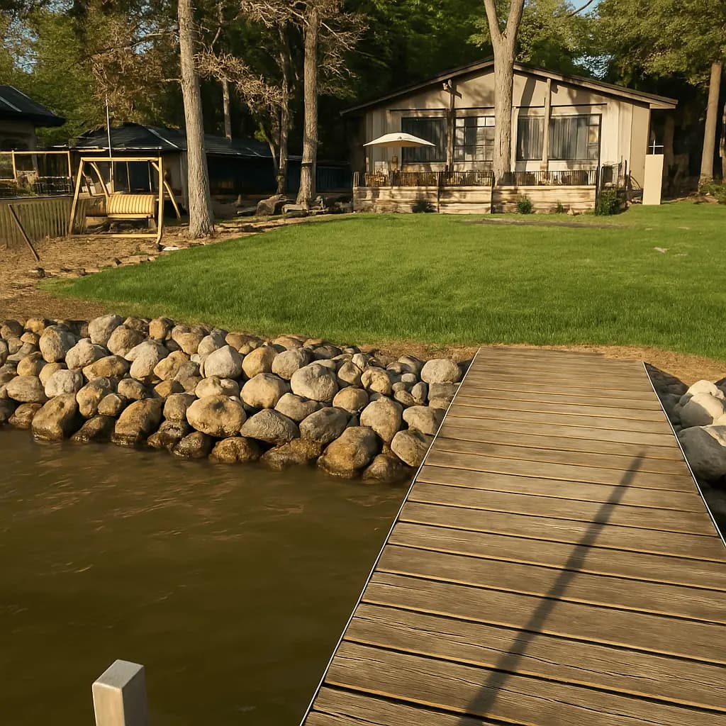 Boulder shoreline wall beside a wood dock, restored after frost heave near Martin Lake, MN