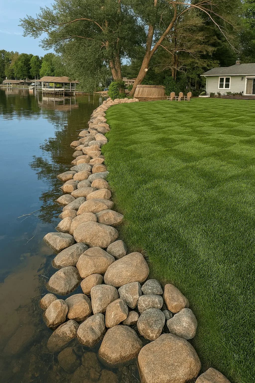 Curved boulder shoreline wall along a manicured lakefront lawn
